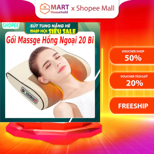 Gối massage cổ vai gáy, gối massage hồng ngoại 20 bi cao cấp hỗ trợ mát xa toàn thân