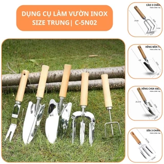 Dụng Cụ Làm Vườn INOX Cao Cấp, CÁN GỖ, Dài 29.3CM, Chống Gỉ, Gồm Xẻng Xúc Đất, Cào, Trồng Cây, Làm Cỏ Dễ Dàng