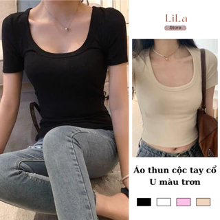 Áo thun nữ cộc tay cổ vuông, dáng hàn quốc phom ôm màu trơn dễ phối đồ lilastore