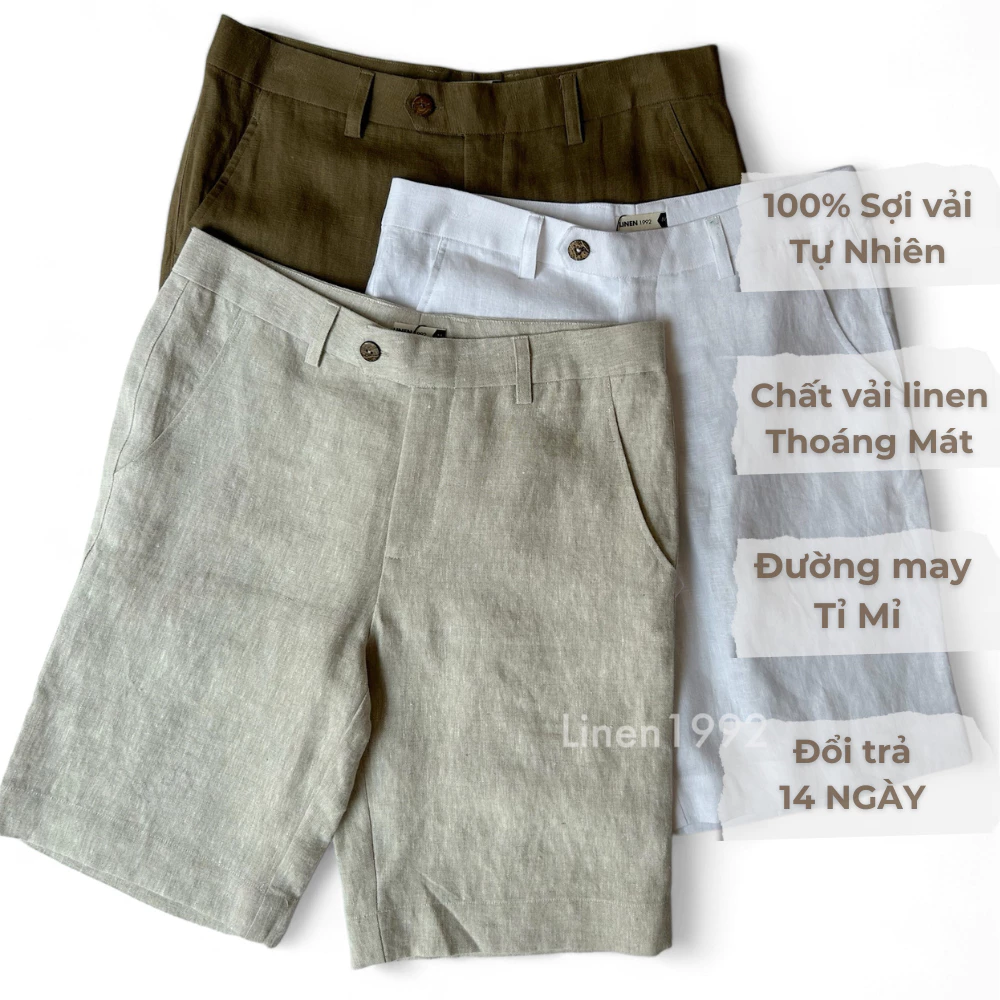 Quần short Nam Linen hai túi trước, cài khuy rộng rãi LINEN1992 - Linen 100% Màu Nâu, trắng, be