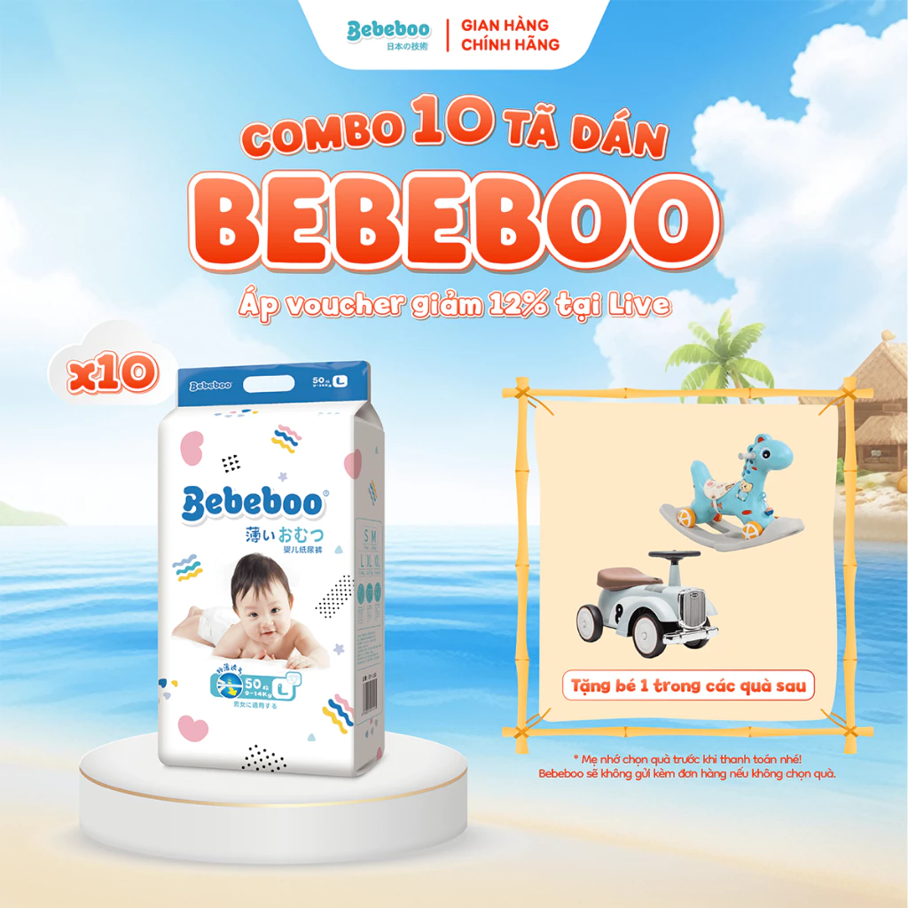 Combo 10 bịch Tã dán Bebeboo Nhật Bản đủ size NB80/S70/M60/L50 - BẤM MUA KÈM DEAL SỐC CHỌN QUÀ