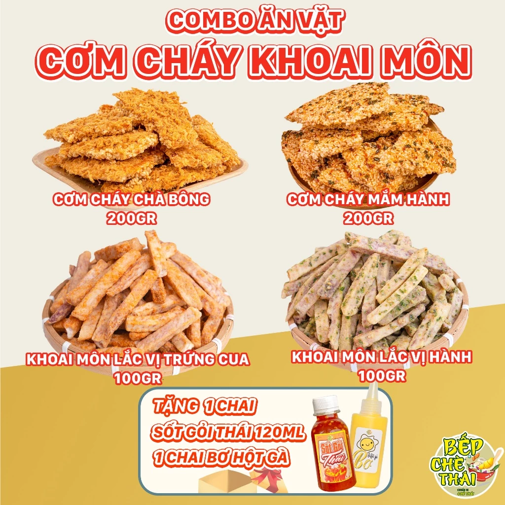 COMBO CƠM CHÁY KHOAI MÔN Cơm Cháy Đáy Nồi + Khoai Môn Lắc Vị (Tặng Sốt Thái +Bơ Hột Gà) Bếp Chè Thái