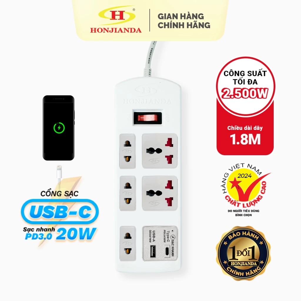 Ổ cắm điện đa năng HONJIANDA Sạc Nhanh TYPE-C USB PD20W, 2-8 Lỗ Chịu Tải 2500W, Dây Dài 1.8 mét