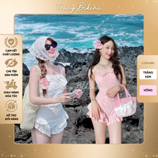 Swimsuit đầm hai dây nữ Bikini đi biển váy liền sexy quyến rũ màu trắng kem, hồng, đồ bơi có mút ngực thiết kế mới 2024