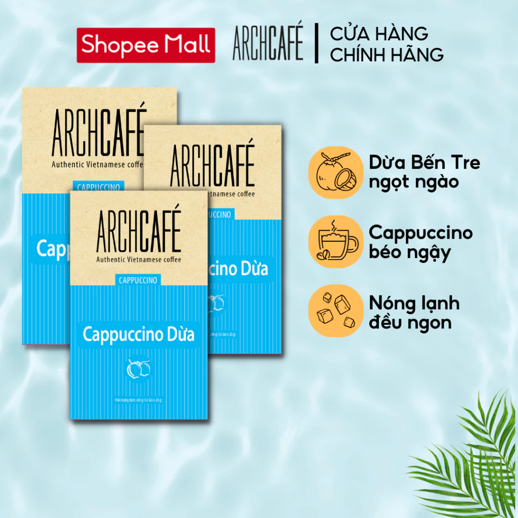 Combo 3 Cà phê hòa tan vị Cappuccino Dừa Archcafé (hộp 12 gói x 20g)