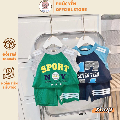 Đồ mặc nhà Bộ sát nách XOOP cotton lụa kẻ sọc giáp lăng áo phối in họa tiết cute cho bé trai bé gái (11-26kg) XBL10