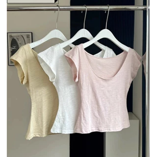 Áo Thun Cộc Tay Cổ U Cotton Giấy, Áo Thun Ôm Body Dáng Croptop Basic