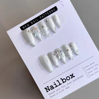 [M08] Nailbox thiết kế mắt mèo xám bạc fom oval _ móng giả gắn nơ siêu xinh