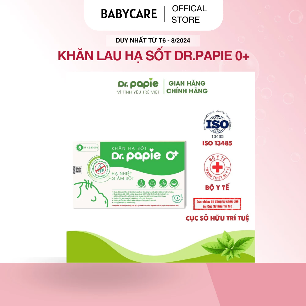 Khăn Lau Hạ Sốt Dr Papie 0M+ Thải Nhiệt Hạ Sốt Chuẩn Nhi Khoa, Ngăn Ngừa Co Giật Cho Bé Hộp 5 Gói x 5 Khăn/Gói