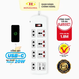 Ổ cắm điện đa năng HONJIANDA Sạc Nhanh TYPE-C USB PD20W Mã 04, 2-8 Lỗ Chịu Tải 2500W, Cầu Chì Tự Ngắt