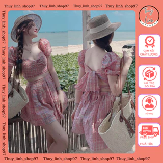 Set Áo Croptop Thắt Nơ Lưng Có Mút Ngực Mix Quần Giả Váy 2 Lớp Xịn Xò - Trang Phục Đi Chơi Cực Xinh Cho Nàng