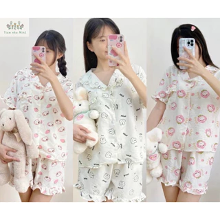 Bộ ngủ nữ đồ mặc nhà chất đũi dáng ngắn hoạ tiết dễ thương. Set pijama chất đũi nhiều hình cute