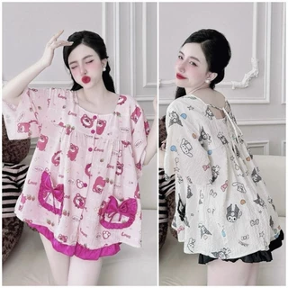 Đồ Bộ Pyjama BIGSIZE tay ngắn quần đùi túi hình Tim, NÚT BỌC VẢI XỊN chất Đũi Xốp mềm mát ĐỒ BỘ NỮ MẶC NHÀ BIGSIZE