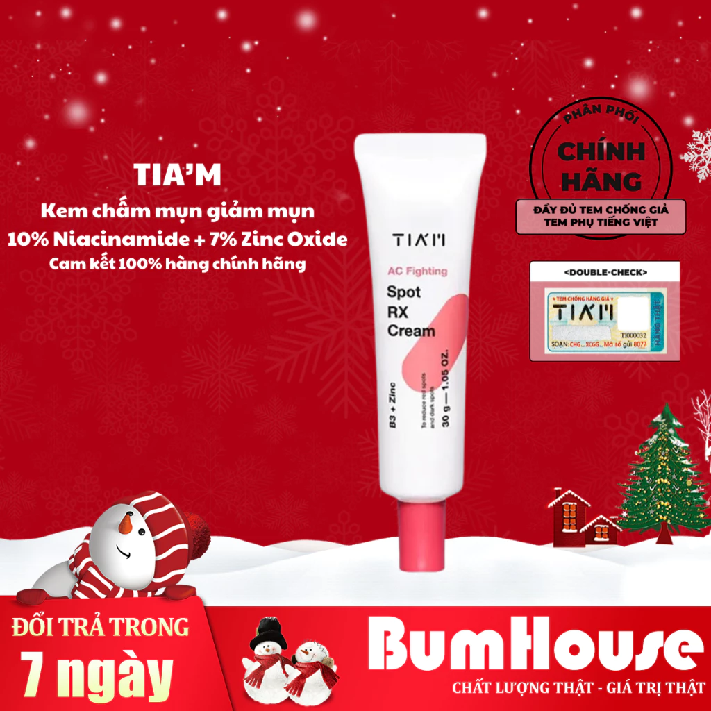 Kem Chấm Mụn TIAM Giảm Mụn, Mờ Thâm, Liền Sẹo 10% Niacinamide + 7% Zinc Oxide Tia'm AC Fighting Cream 30ml