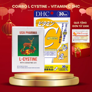 (COMBO 1 THÁNG) L cystine 500mg + Vitamin C DHC hỗ trợ trắng da và giảm rụng tóc, giảm mụn (L cystine 60; Vit C gói 30 n