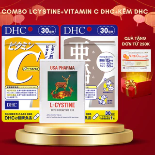 (COMBO 1 THÁNG) L cystine 500mg 60 viên + Vitamin C DHC 60 viên + Kẽm DHC 30 viên hỗ trợ giảm mụn, làm đẹp tóc,da,móng