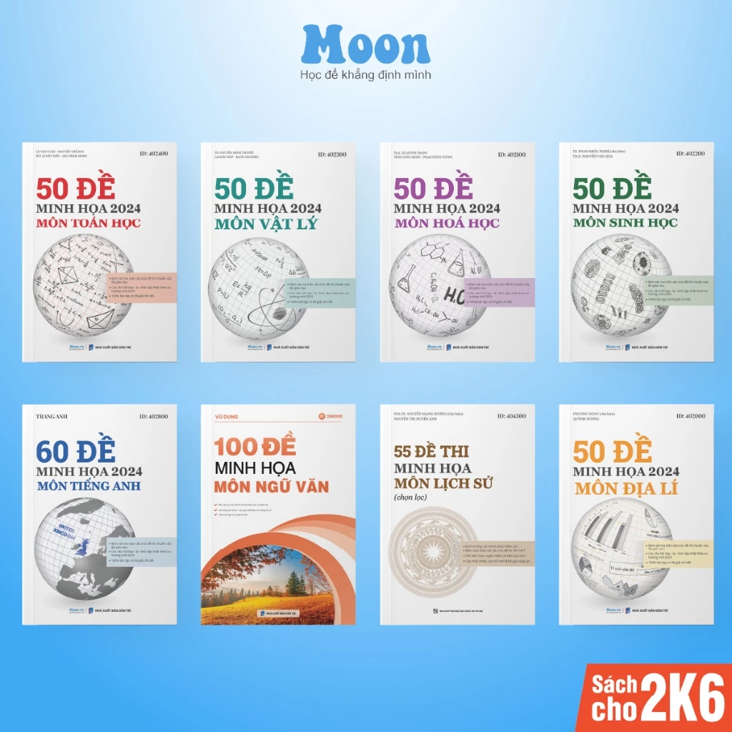 Sách bộ đề minh hoạ ôn thi THPT 2024 môn Toán, Lý, Hoá, Sinh, Anh, Văn, Sử, Địa Moonbook