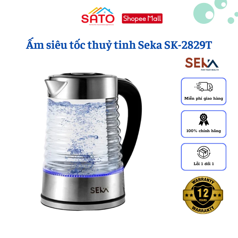 Ấm siêu tốc thủy tinh Seka SK-2829T 2000W dung tích 2.2L trong suốt có đèn led tự ngắt khi sôi