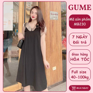 Váy bầu bigsize - Đầm bầu thiết kế GuMe màu đen dáng suông phối tay cổ voan kính chất vải sạn lụa size từ 40-100kg MB230