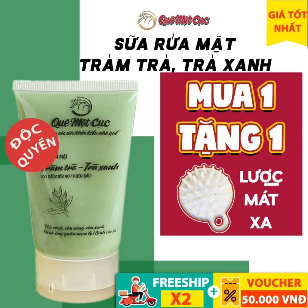 Sữa rửa mặt trà xanh giảm mụn, dưỡng ẩm, tràm trà QUÊ MỘT CỤC 50G (handmade)