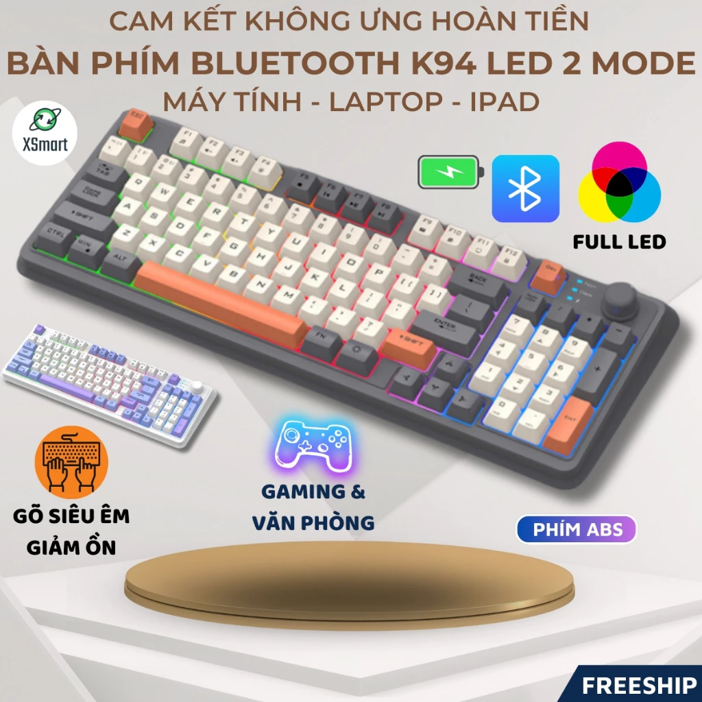 Bàn Phím Không Dây Bluetooth Full Size Giả Cơ FreeWolf K94 Full LED Kết Nối 2 Chế Độ Pin Sạc