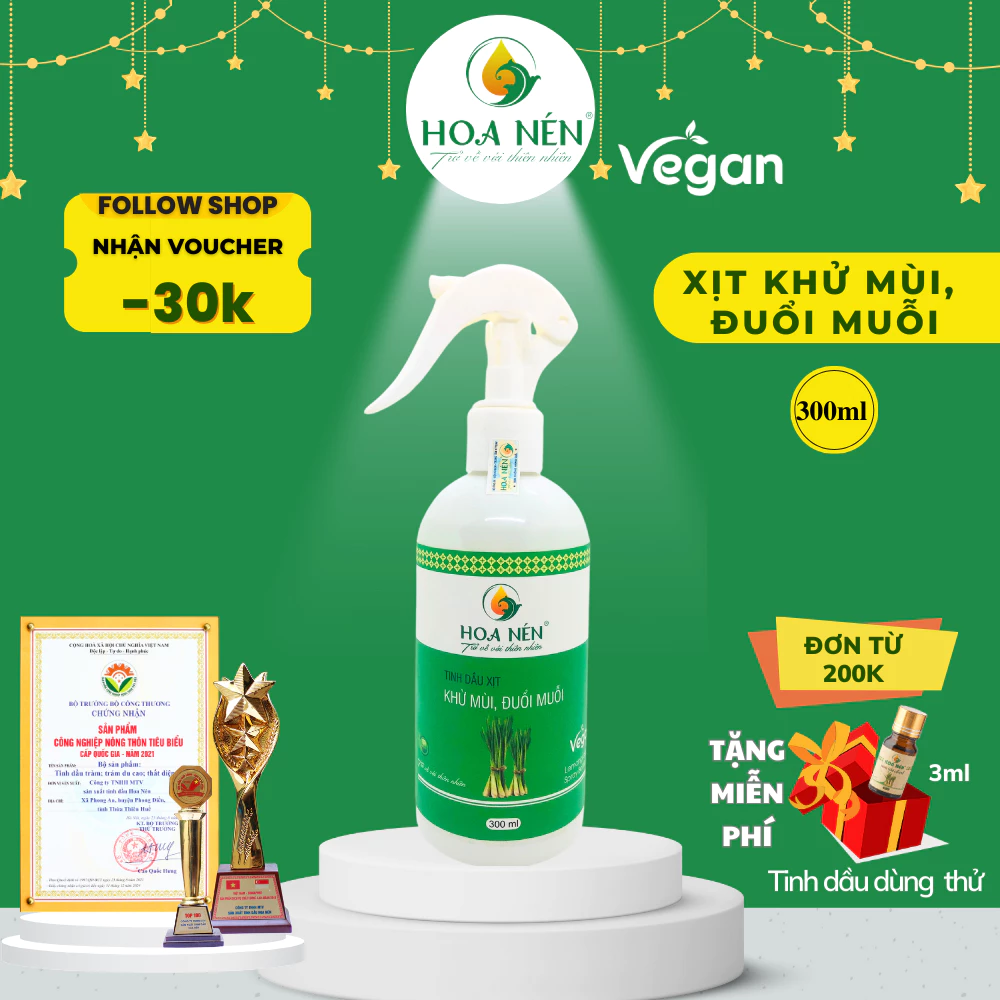 Tinh dầu Xịt Khử Mùi, Đuổi Muỗi 300ml - Hoa Nén - Vegan - An toàn, hương thơm sả chanh dịu nhẹ