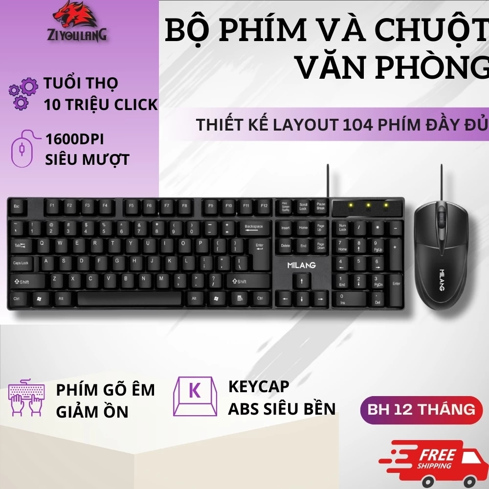 Bộ Bàn Phím Văn Phòng Ziyoulang T20 Thiết Kế Công Thái Học,Phím Full Size Tuổi Thọ 10 Triệu Click