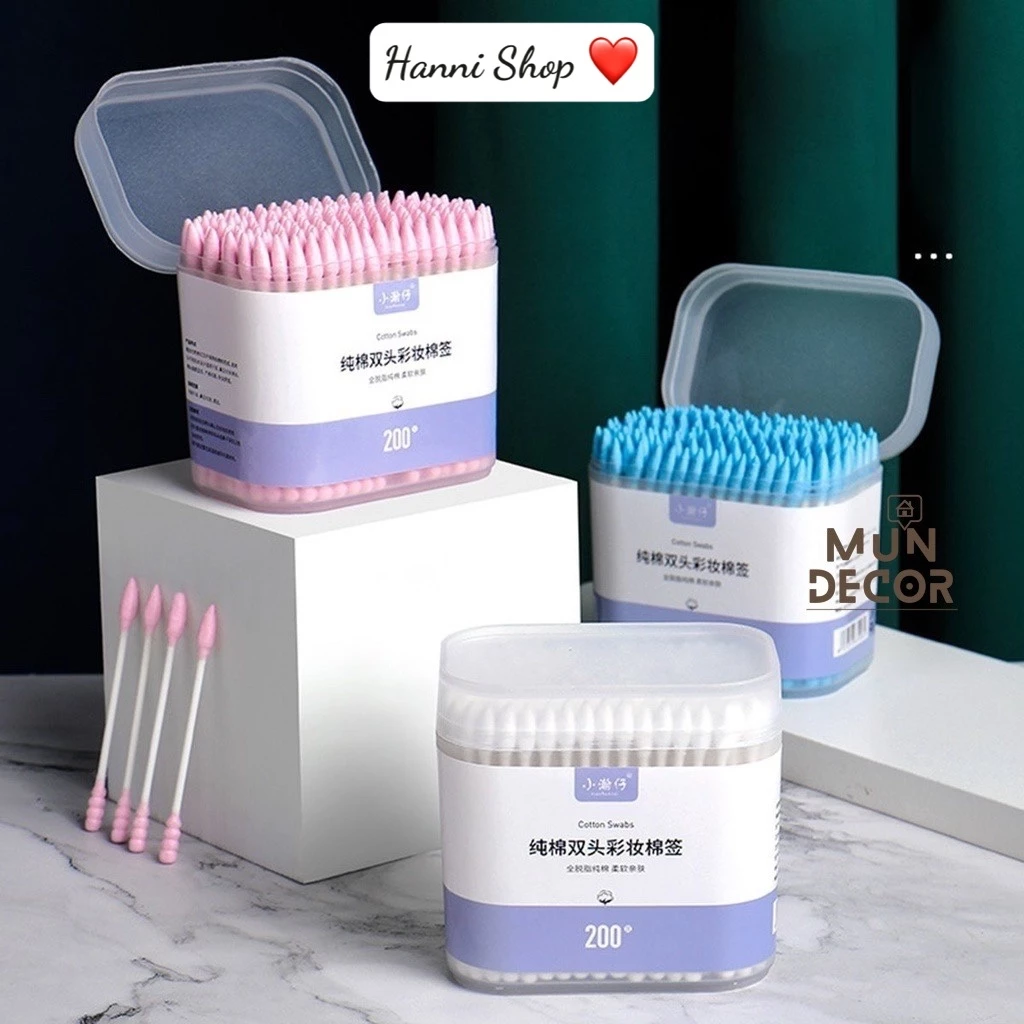 Hộp 200 tăm bông 2 đầu vệ sinh tai, mũi , Mềm Mịn