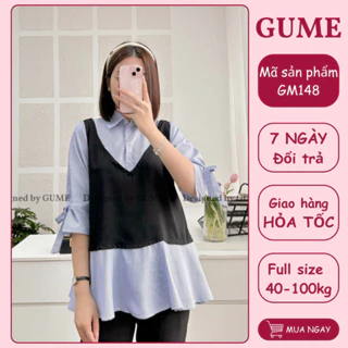 Váy Bầu Bigsize GUME 40-100kg, Áo Bầu Công Sở đen phối kẻ xanh tay lỡ buộc nơ GM148