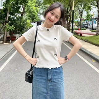 Áo Thun Baby Tee Viền Bèo Đính Nơ Xinh Xắn - Sunday Clothing AO032