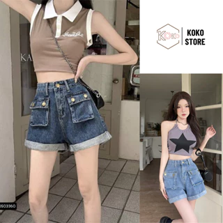 Quần jeans nữ ngắn cạp cao ống rộng túi hộp 2 bên sắn gấu, quần short nữ tôn dáng xanh đậm hot trend KoKo QS03