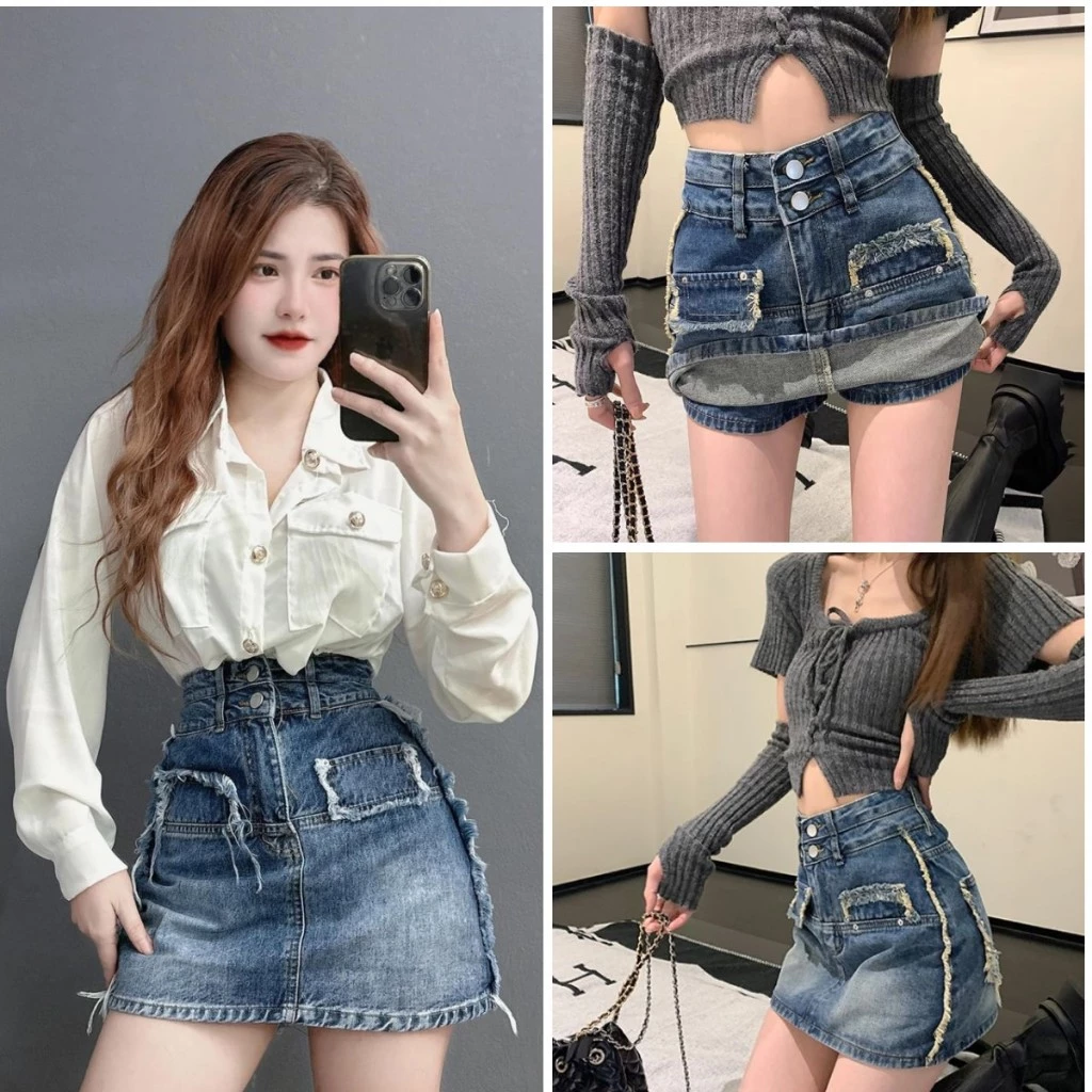Quần short Jean nữ, chân váy Jean ống rộng, quần đùi nữ ống suông CVJ01