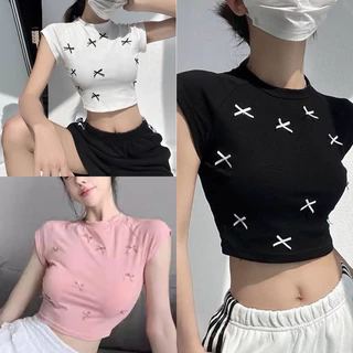 Áo croptop nữ phối nơ cổ tròn tay ngắn form ôm body gợi cảm chất vải thun Borip dày dặn mềm mịn mát Free Size dưới 54kg