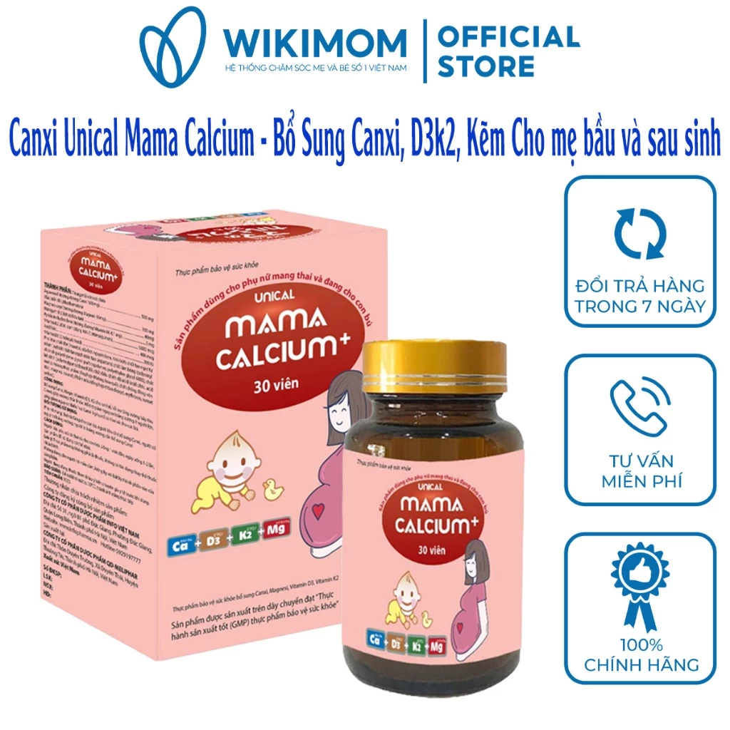 Canxi hữu cơ từ tảo Unical Mama Calcium hộp 30 viên - Bổ sung Canxi, D3k2, Kẽm cho mẹ bầu mẹ sau sinh và người lớn tuổi