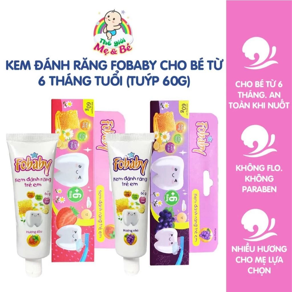 Kem đánh răng Fobaby cho bé 6 tháng tuổi nuốt được, bảo vệ răng sữa, ngừa sâu răng cho bé (Tuýp 60g)