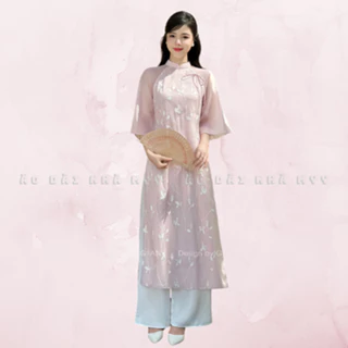 Áo dài cách tân An Vy hồng, áo dài 4 tà dáng xuông chất liệu tơ nhăn thêu cao cấp phối lót chiffon