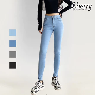 Quần jean nữ lưng cao co giãn có túi CHERRY, quần bò cạp cao bigsize skinny jeans dáng ôm basic T022