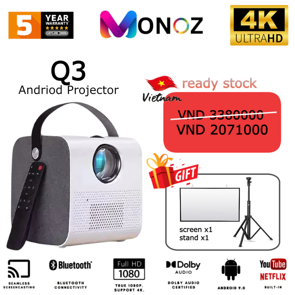 Máy chiếu Q3 Pro độ phân giải 4K UHD, tích hợp hệ điều hành Android, thiết kế chất lượng cao WIFI LED LCD 4K HD 1080p