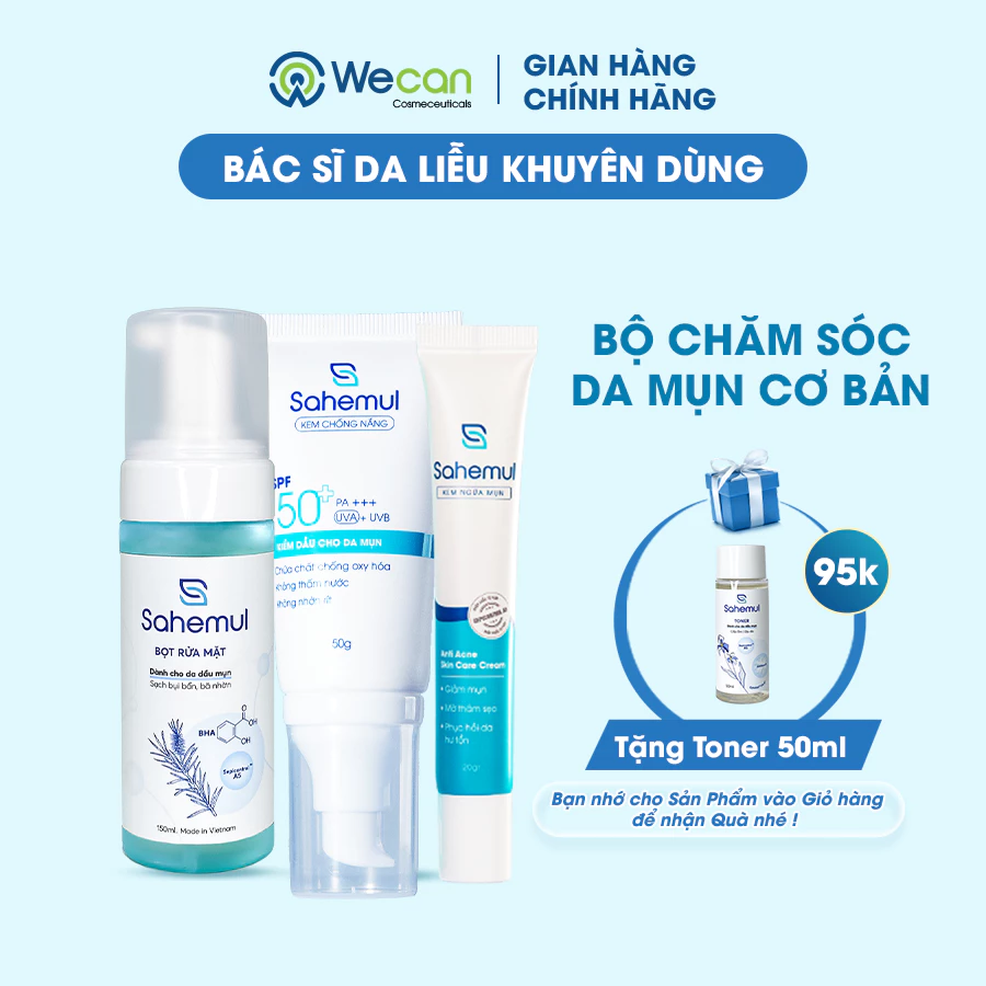 COMBO 3 sản phẩm: Kem Mụn Sahemul 20Gr & Kem Chống Nắng Sahemul 50Gr & Bọt Rửa Mặt Sahemul 150ml