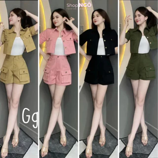 Set bộ đồ nữ 3 món áo croptop tay ngắn cổ sơ mi mix quần short túi hộp chất kaki kèm áo lót bozip trẻ trung xịn xò