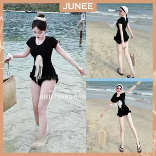 Bikini Swimsuit Tay Hến Đính Nơ Ren Lụa Dáng Ôm Body Phối Ống Sum Ren Đầm Nữ Đi Biển Freesize