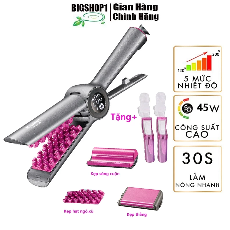 Máy dập phồng chân vuông, duỗi tóc ,Uốn Hippe 3 IN 1 cao cấp hiển thị LCD Kemei Km-2835