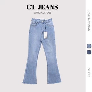 Quần Jean Nữ Ống Loe Cạp Cao Co Giãn Xước Gấu Tua CT Jeans