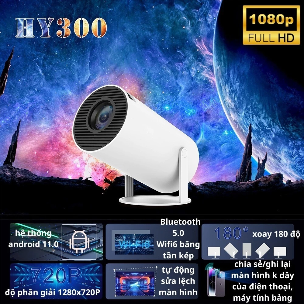 Máy chiếu mini phòng ngủ chiếu 3D bluetooth LCD HY300 Full HD android 11.0 độ sáng 8000 lumens