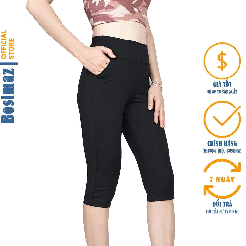 Quần Legging Ngố Bosimaz MS381 túi trước màu đen cao cấp, thun co giãn 4 chiều, vải đẹp dày.