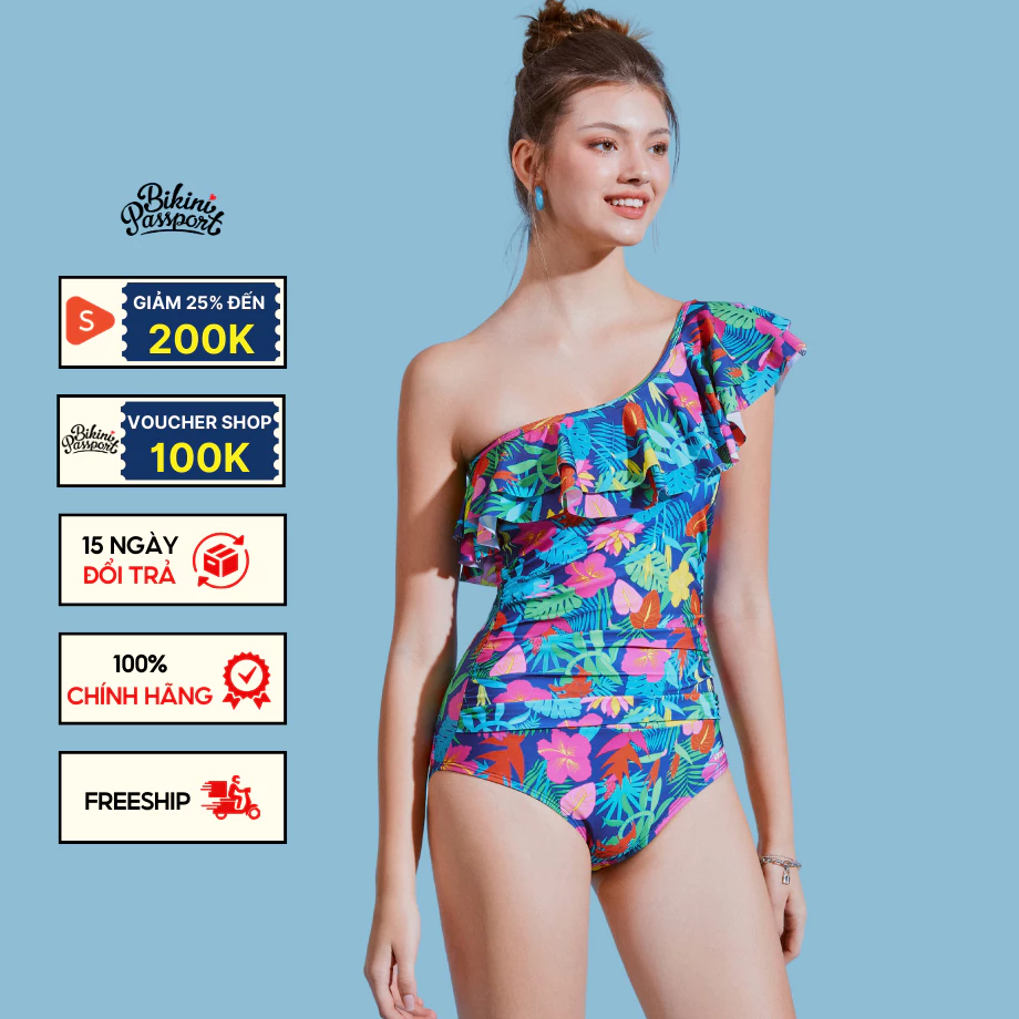 Đồ bơi Nữ BIKINI PASSPORT kiểu Một mảnh áo bèo rũ lệch vai - màu Xanh Navy - BS495_NV