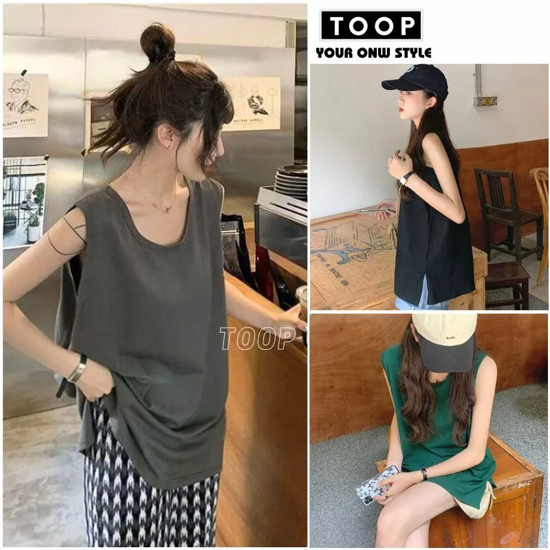 Áo 3 lỗ nữ form rộng xẻ tà 3 màu trắng, đen, xanh, Áo tanktop dáng dài thể thao phong cách - TOOP