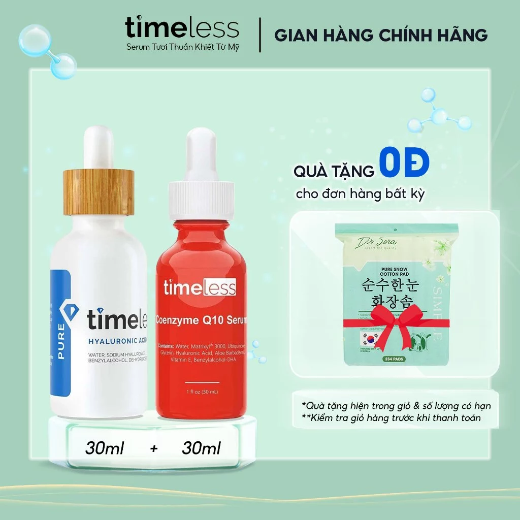 Combo Serum Timeless Coenzyme Q10 & Hyaluronic Pure 30ml Hỗ Trợ Cấp Ẩm Hỗ Trợ Căng Bóng Mờ Nhăn