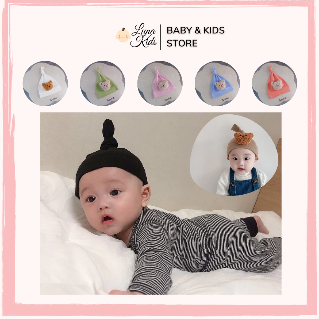 Mũ củ tỏi cotton đính gấu bông xù cho bé, trẻ sơ sinh, bé trai bé gái - MCT04 - LunaKids [Ảnh thật]