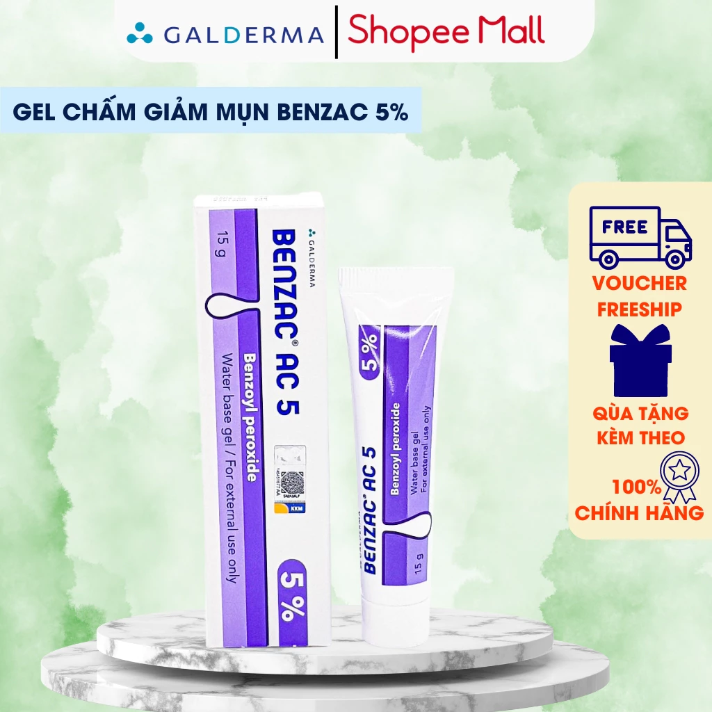 Gel bôi mụn Benzac AC chứa Benzoyl Perioxide5% 15g giúp giảm mụn, giảm thâm hiệu quả